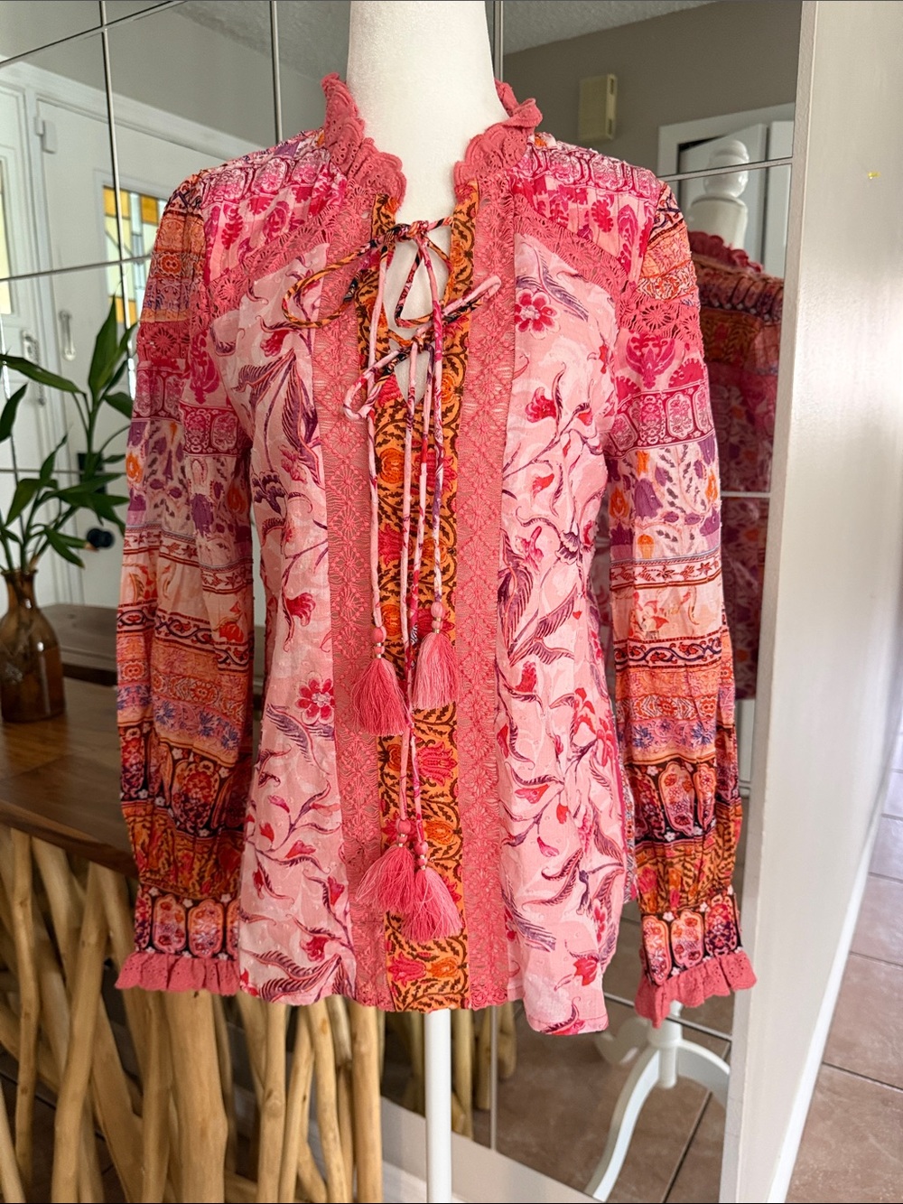 Hale Bob Pink & Coral Tassel Tie-Front Boho Blouse